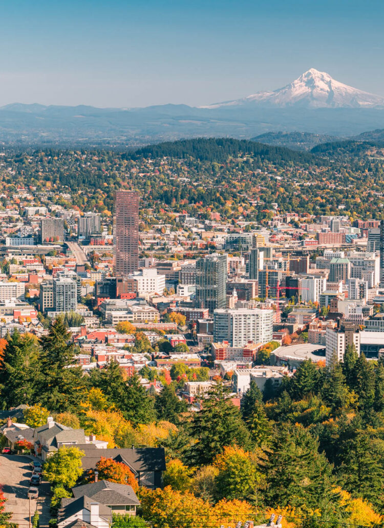 Portland, Oregon skyline with Mount Hood in fall