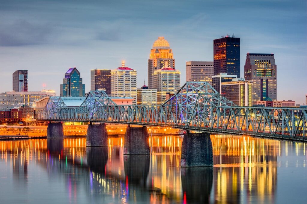 Louisville, Kentucky skyline and the Big Four Bridge at dusk