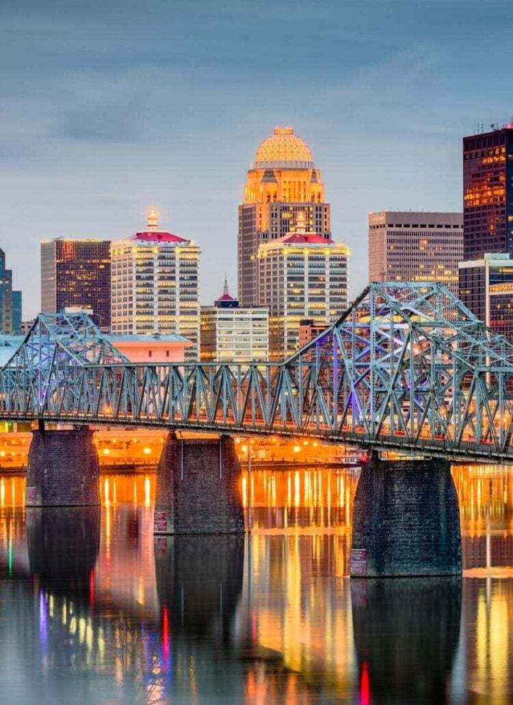 Louisville, Kentucky skyline and the Big Four Bridge at dusk