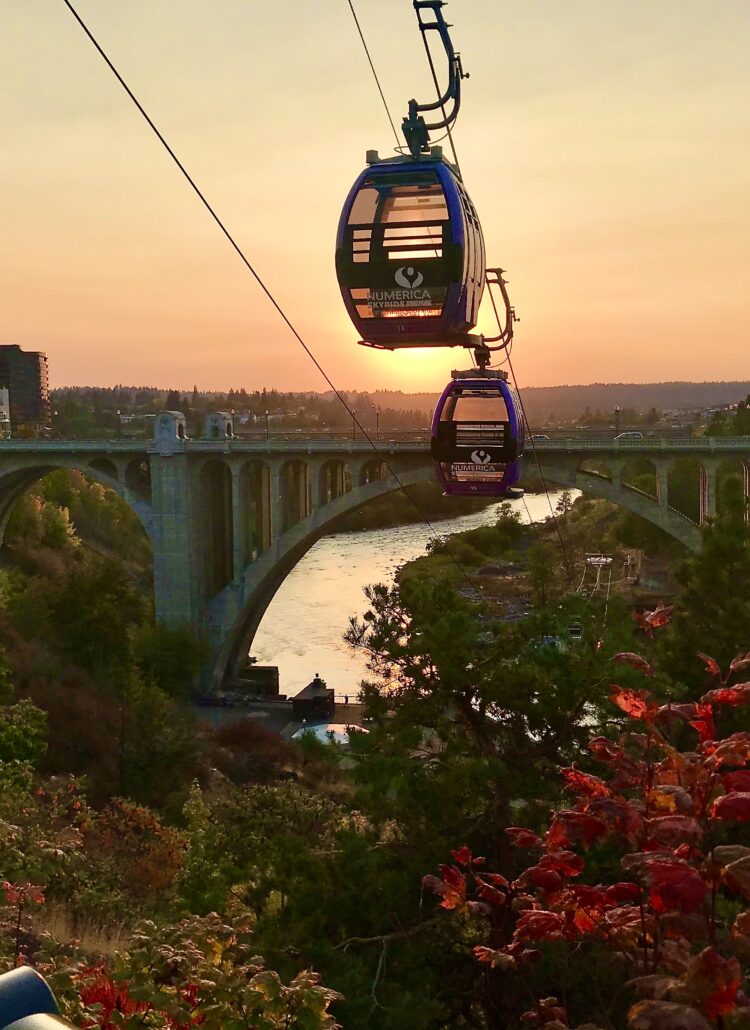 The Spokane River and the SkyRide gondola at sunset, Spokane, Washington