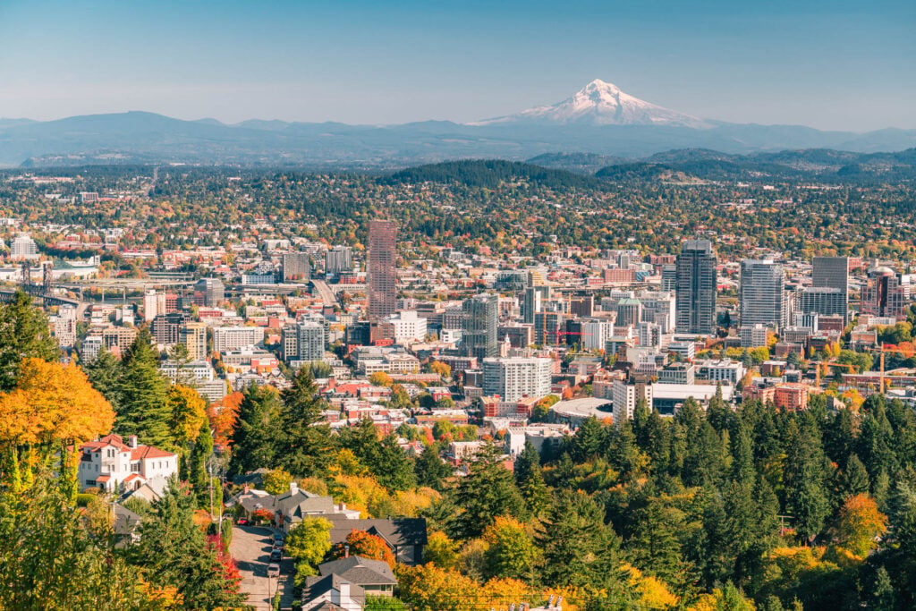 The Portland skyline with the West Hills behind it under a moody sky, fall color in the foreground